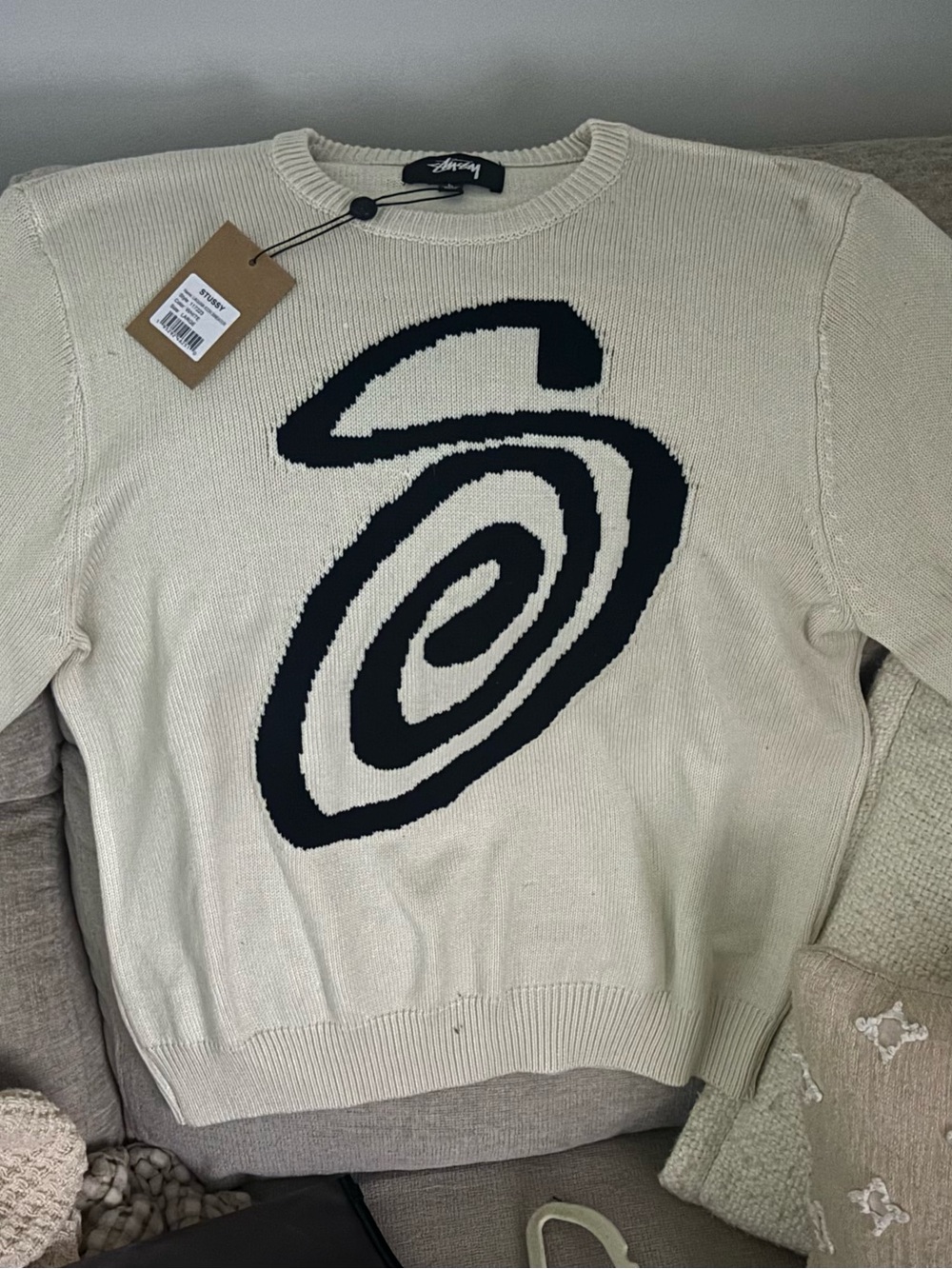 Stussy Laguna Cream Crewneck Sweater with Black Graphic